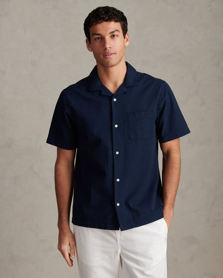 Mens Seersucker Revere Short Sleeve Shirt Dark Sapphire Navy