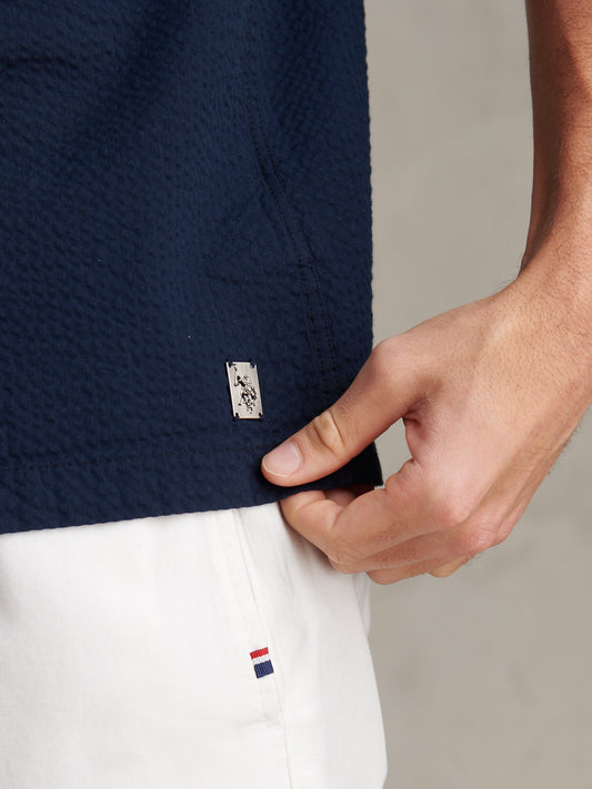 Mens Seersucker Revere Short Sleeve Shirt Dark Sapphire Navy