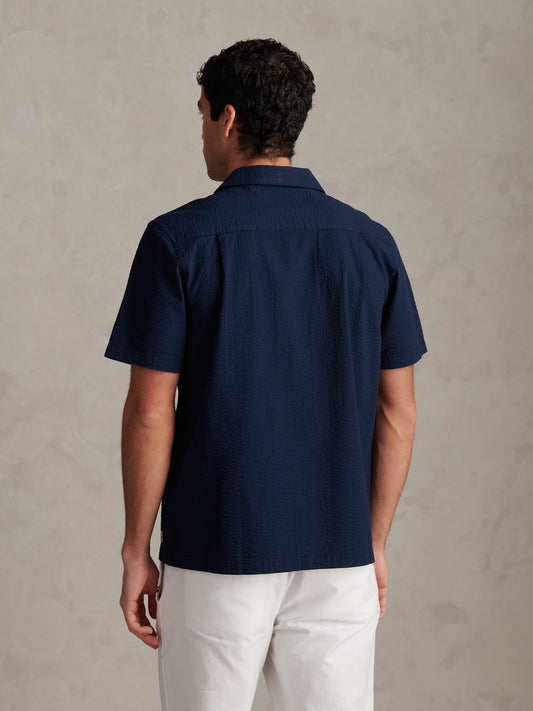 Mens Seersucker Revere Short Sleeve Shirt Dark Sapphire Navy