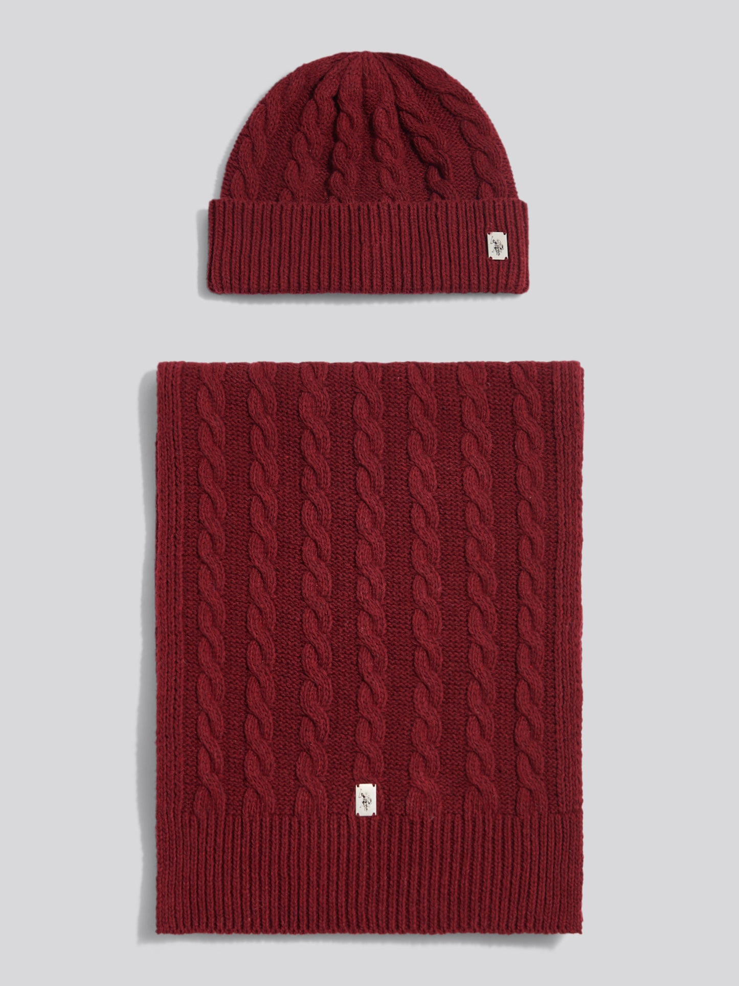 Mens Cable Knit Beanie & Scarf Box Set Cabernet