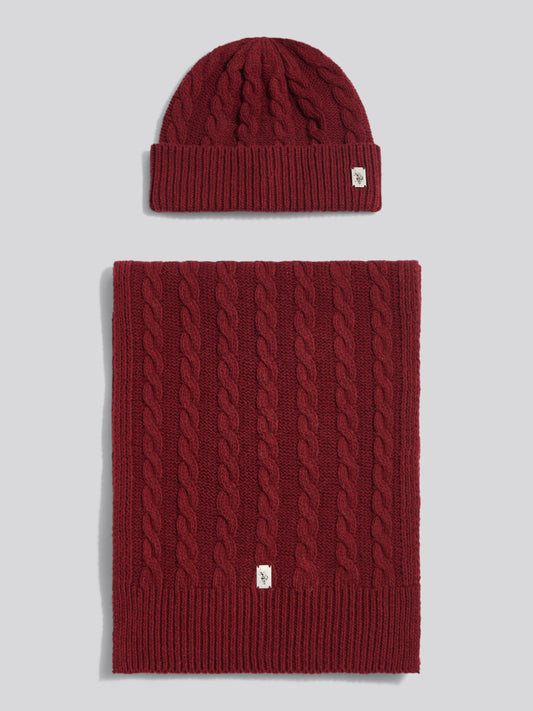 Mens Cable Knit Beanie & Scarf Box Set Cabernet