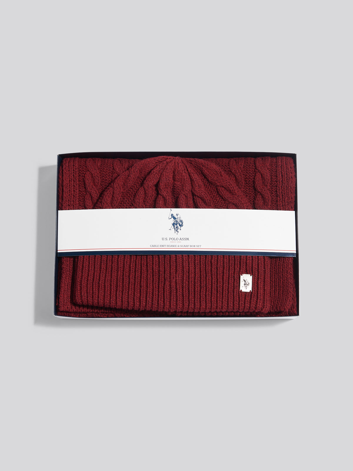 Mens Cable Knit Beanie & Scarf Box Set Cabernet