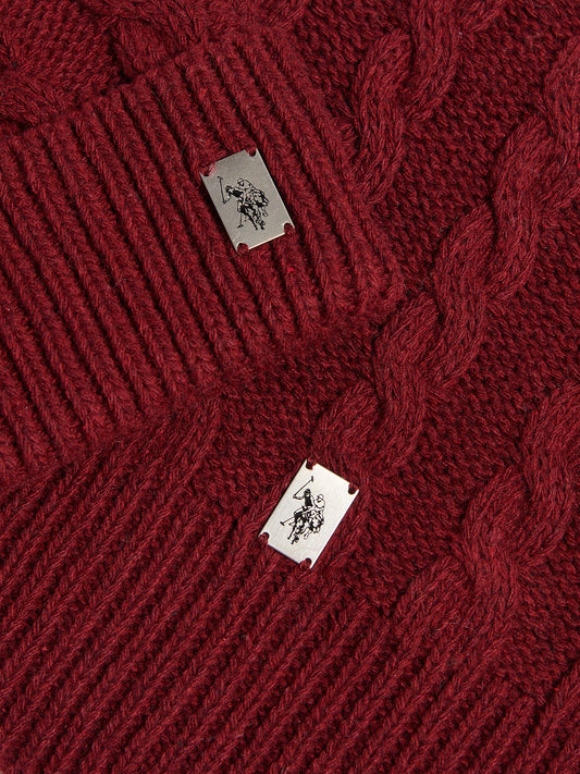 Mens Cable Knit Beanie & Scarf Box Set Cabernet