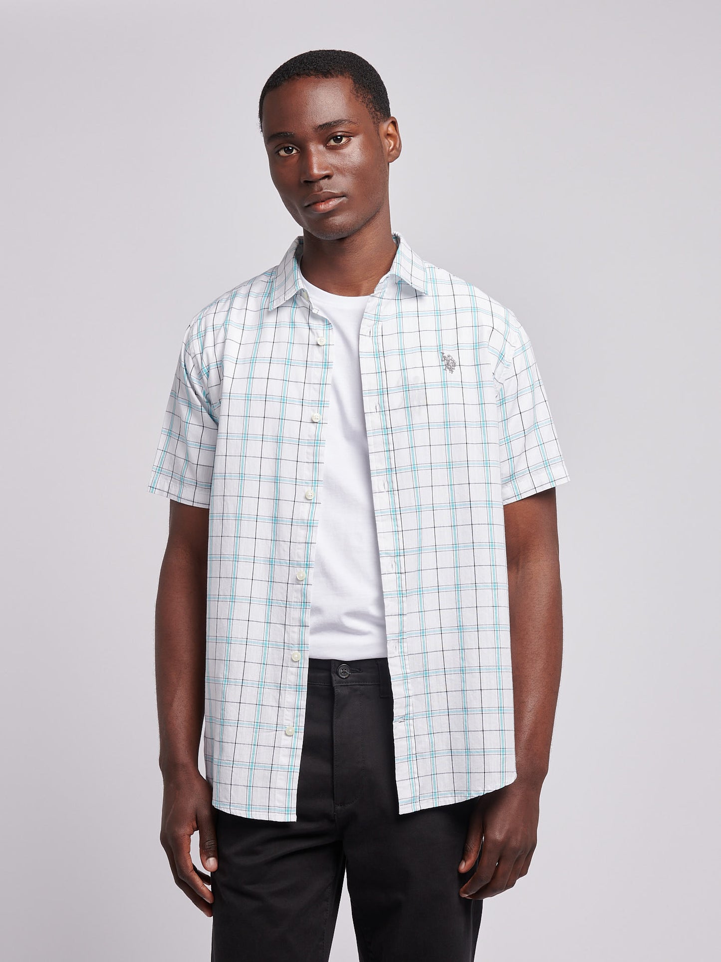 Mens Double Horsemen Checked Short Sleeve Shirt in Bright White