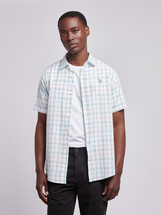 Mens Double Horsemen Checked Short Sleeve Shirt in Bright White