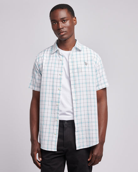 Mens Double Horsemen Checked Short Sleeve Shirt in Bright White