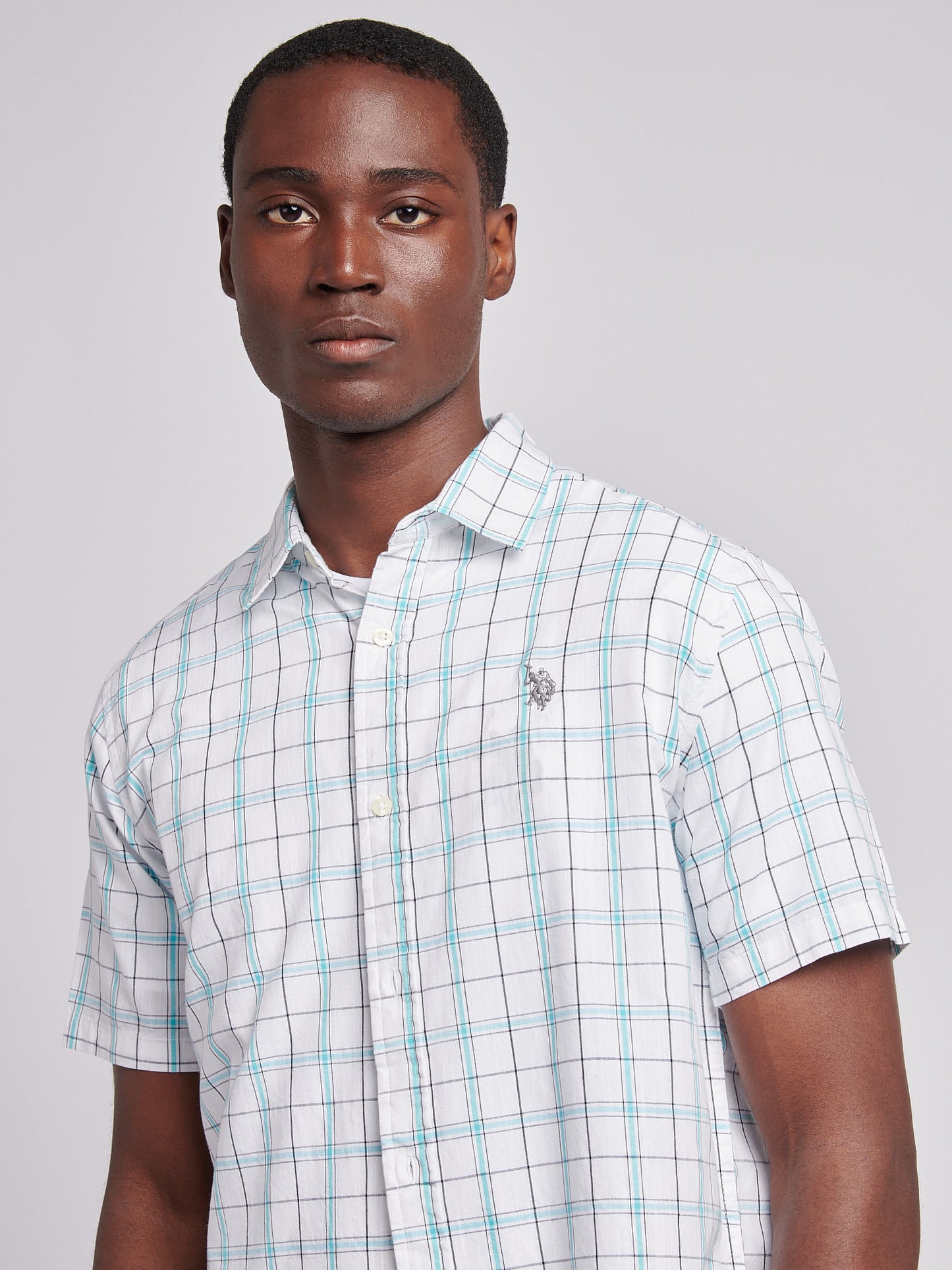 Mens Double Horsemen Checked Short Sleeve Shirt in Bright White