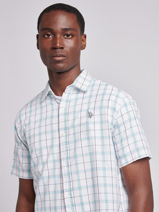 Mens Double Horsemen Checked Short Sleeve Shirt in Bright White