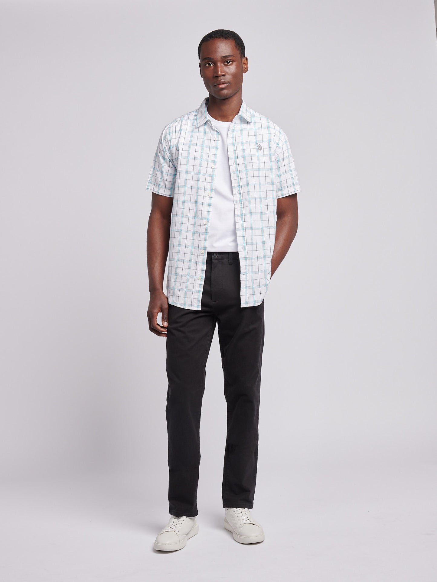 Mens Double Horsemen Checked Short Sleeve Shirt in Bright White