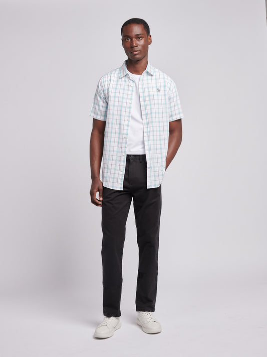 Mens Double Horsemen Checked Short Sleeve Shirt in Bright White