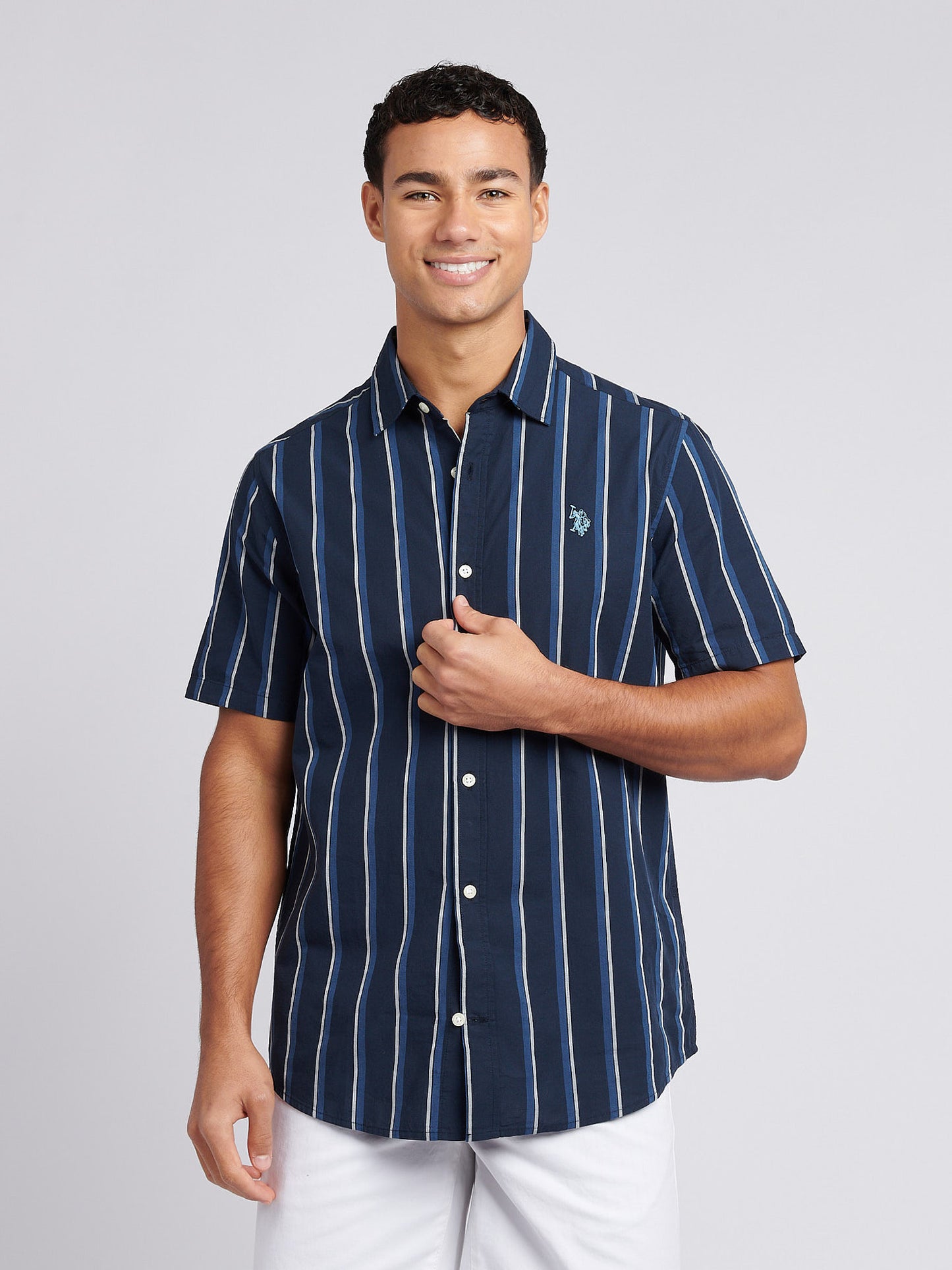 Mens Double Horsemen Striped Short Sleeve Shirt in Dark Sapphire Navy / Moonlight Blue DHM