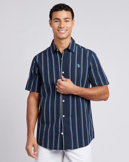 Mens Double Horsemen Striped Short Sleeve Shirt in Dark Sapphire Navy / Moonlight Blue DHM