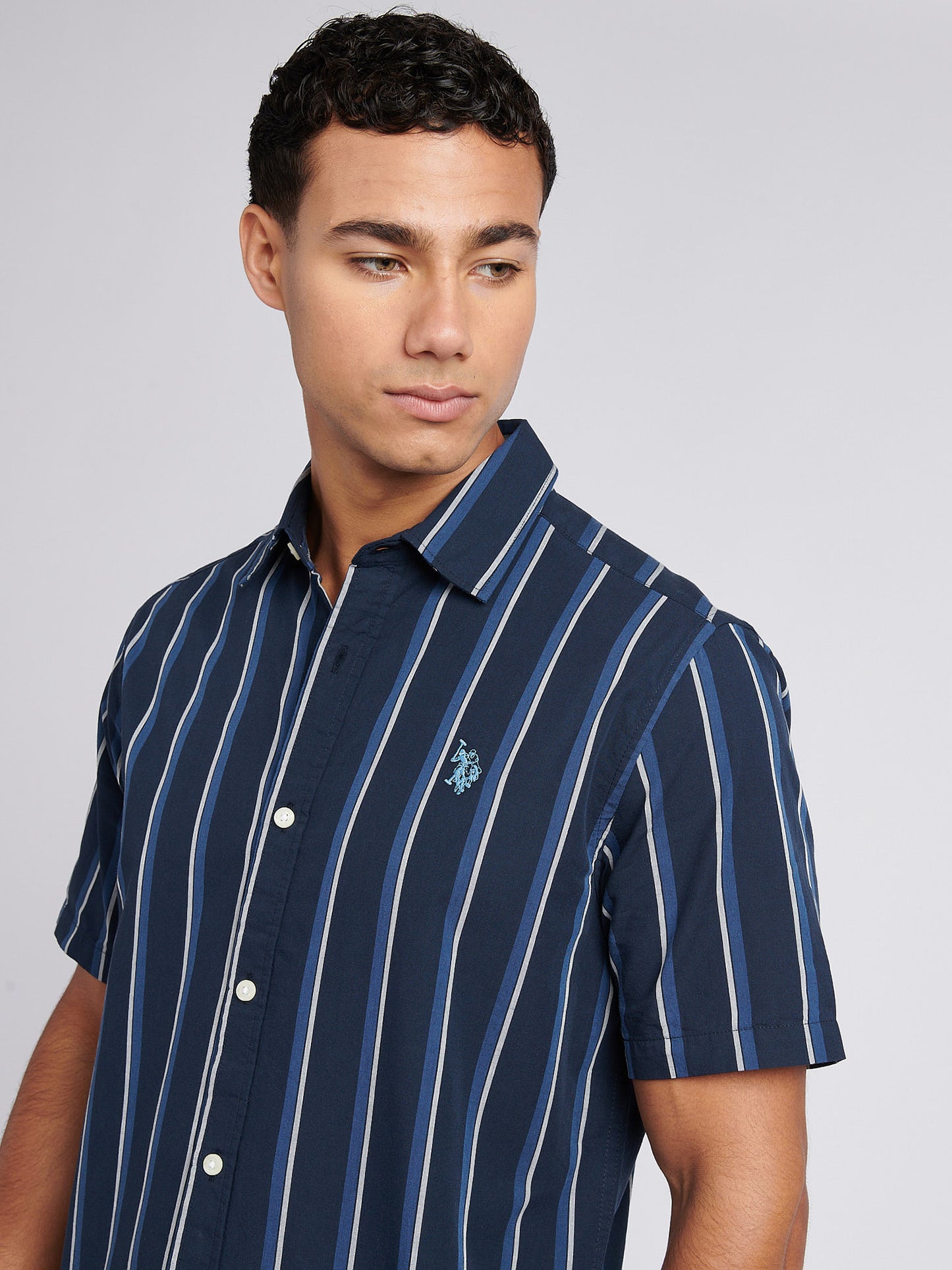 Mens Double Horsemen Striped Short Sleeve Shirt in Dark Sapphire Navy / Moonlight Blue DHM