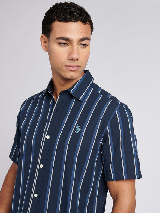 Mens Double Horsemen Striped Short Sleeve Shirt in Dark Sapphire Navy / Moonlight Blue DHM