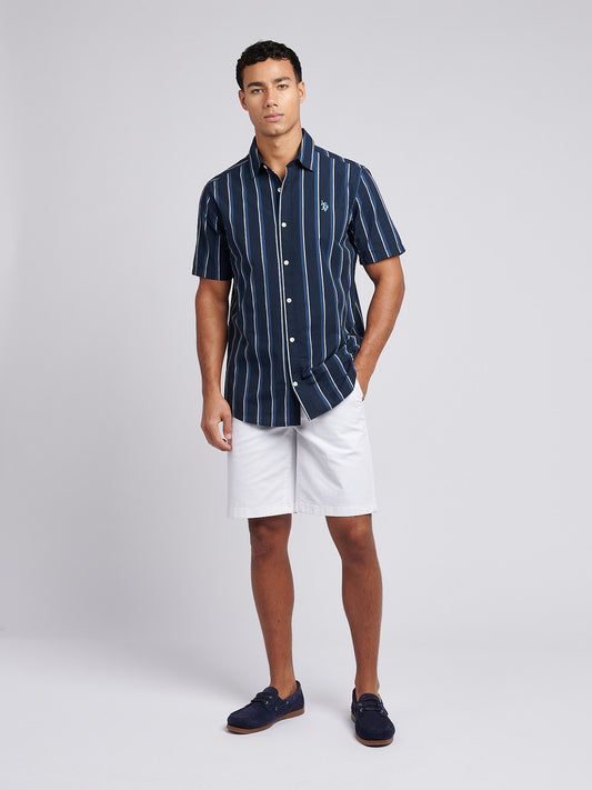 Mens Double Horsemen Striped Short Sleeve Shirt in Dark Sapphire Navy / Moonlight Blue DHM