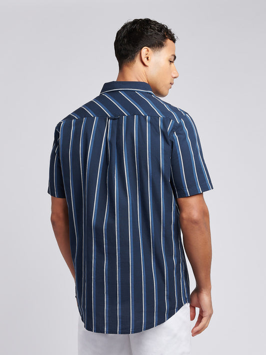 Mens Double Horsemen Striped Short Sleeve Shirt in Dark Sapphire Navy / Moonlight Blue DHM