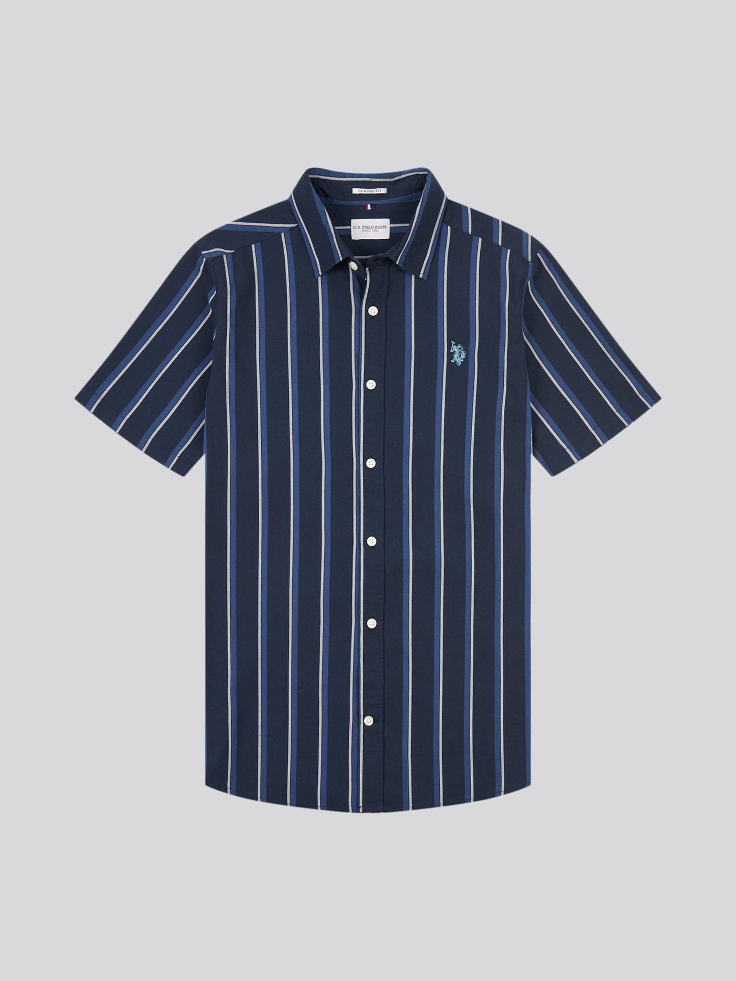 Mens Double Horsemen Striped Short Sleeve Shirt in Dark Sapphire Navy / Moonlight Blue DHM