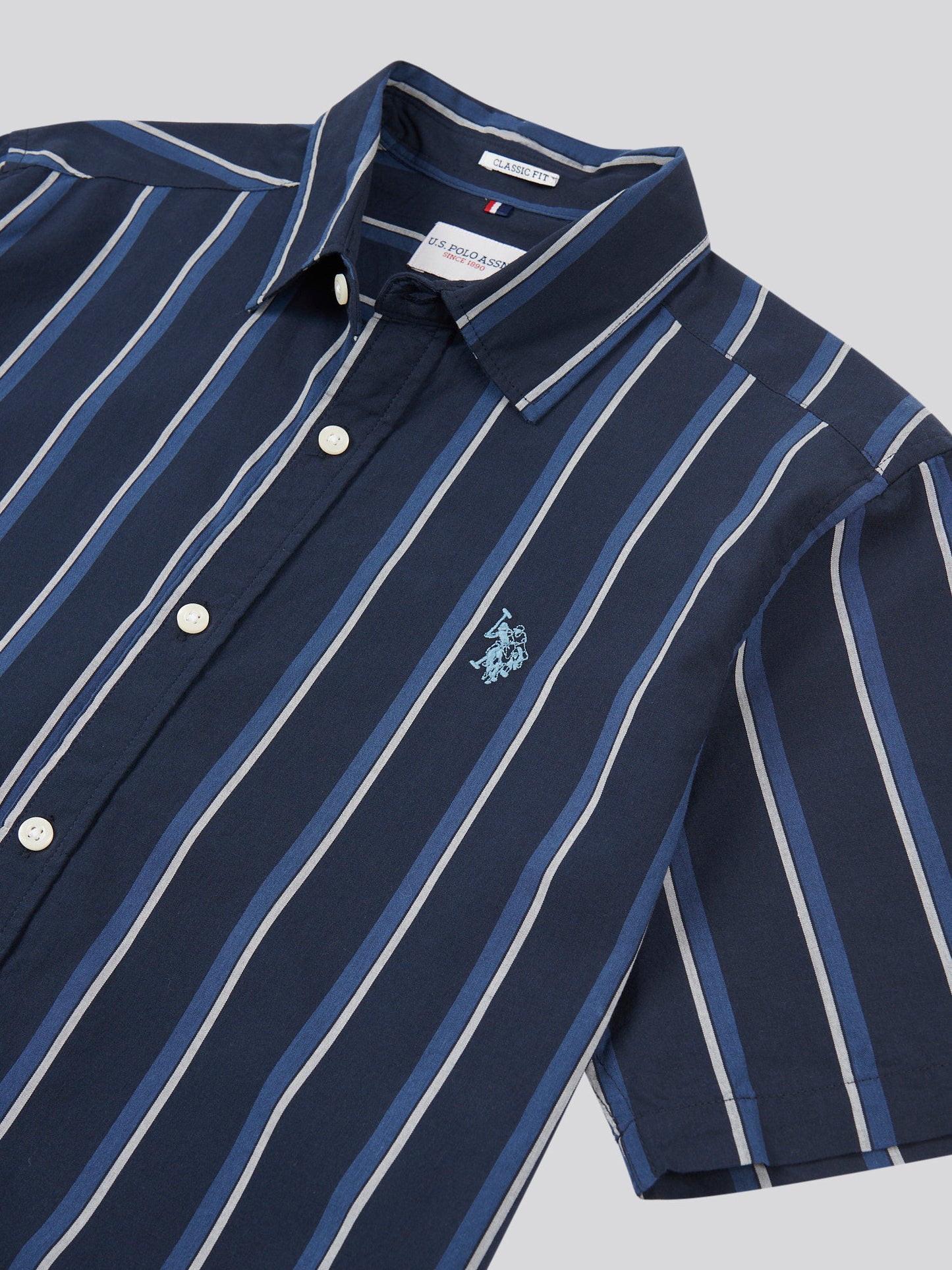 Mens Double Horsemen Striped Short Sleeve Shirt in Dark Sapphire Navy / Moonlight Blue DHM