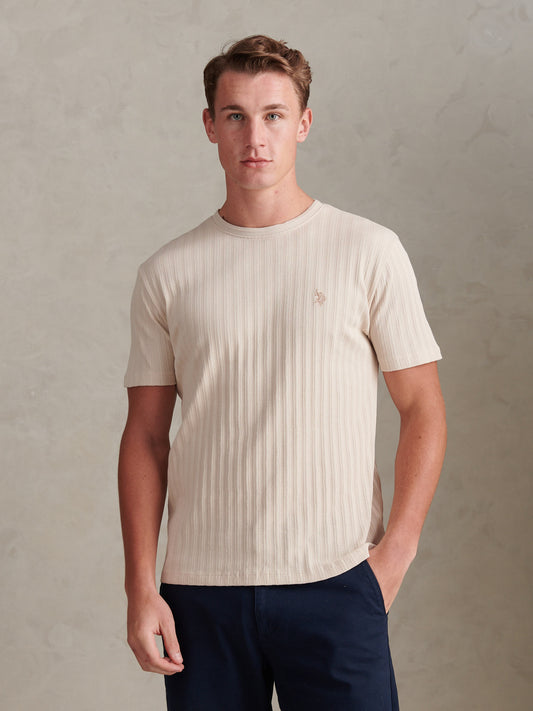 Mens Vertical Texture Loose Knit T-Shirt Beige