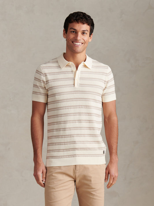 Mens Stripe Open Knit Polo Shirt Whisper White