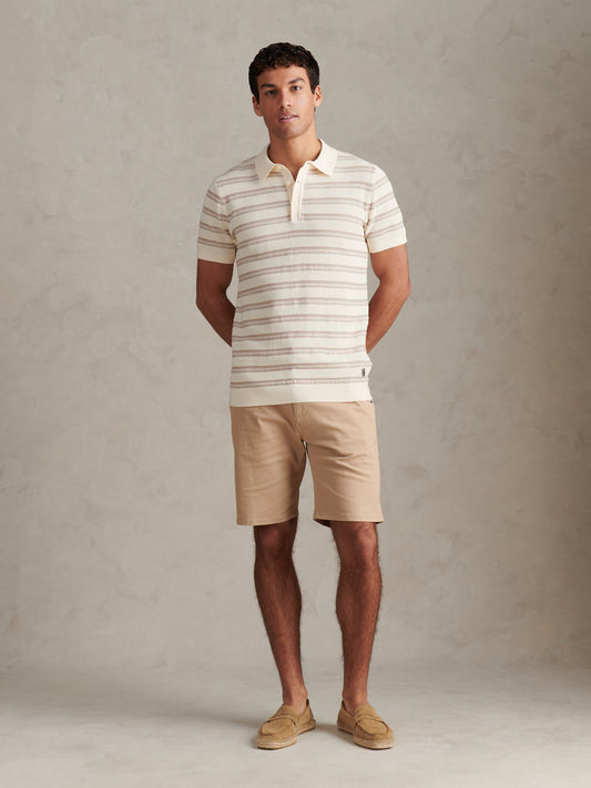 Mens Stripe Open Knit Polo Shirt Whisper White