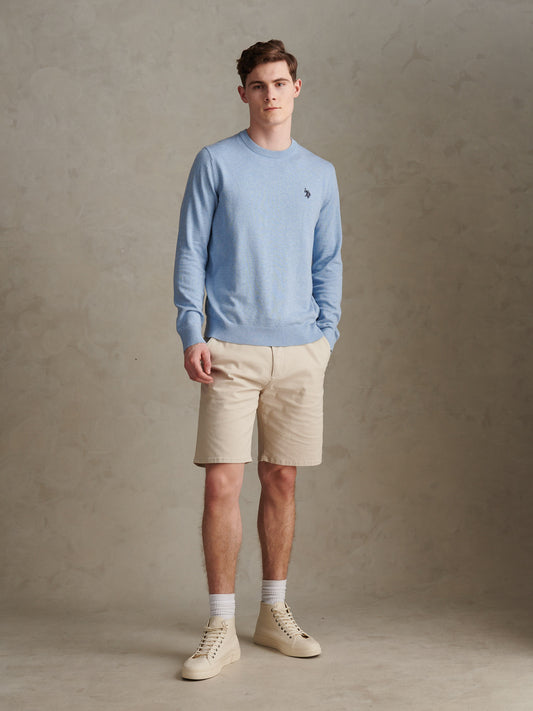 Mens Double Horsemen Cotton Knit Crew Jumper Parisian Blue Marl