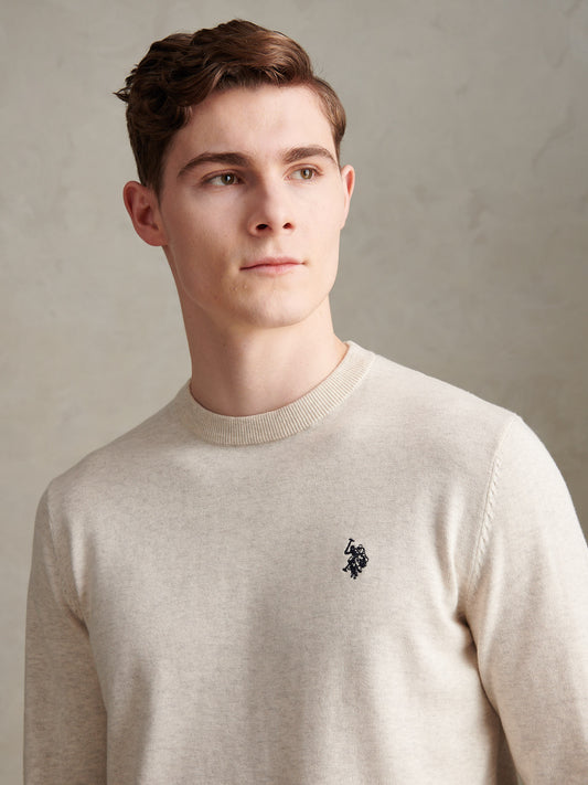 Mens Double Horsemen Cotton Knit Crew Jumper Birch Marl