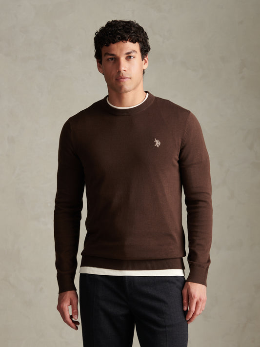 Mens Double Horsemen Cotton Knit Crew Jumper Bracken
