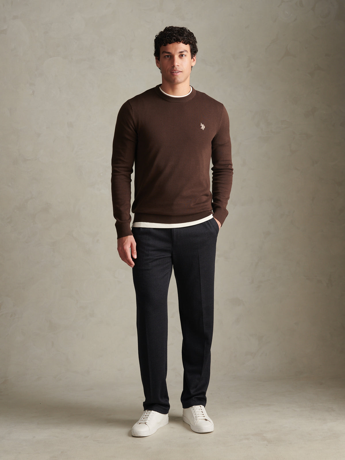 Mens Double Horsemen Cotton Knit Crew Jumper Bracken