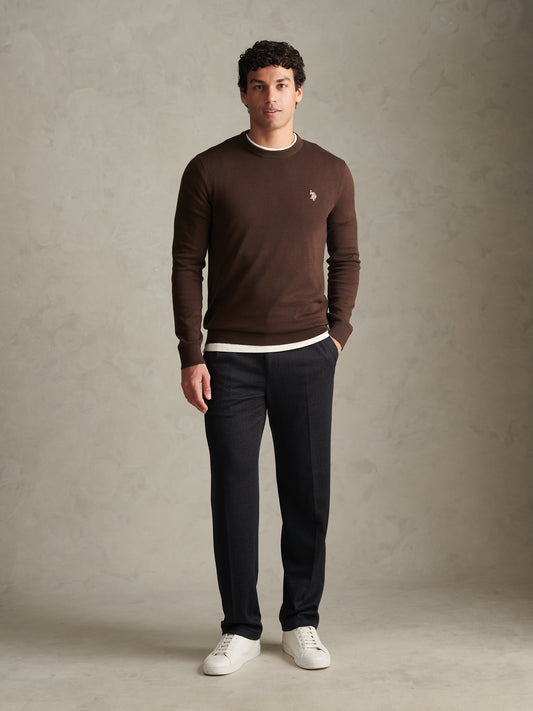 Mens Double Horsemen Cotton Knit Crew Jumper Bracken