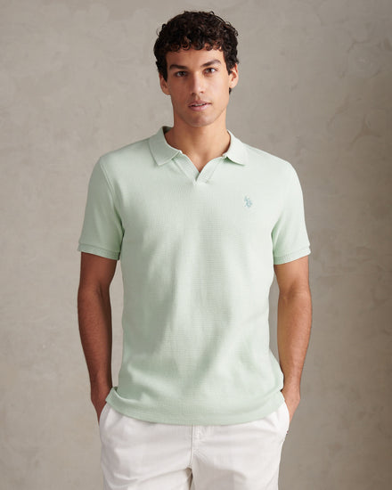 Mens Waffle Open Collar Polo Shirt Aqua Foam