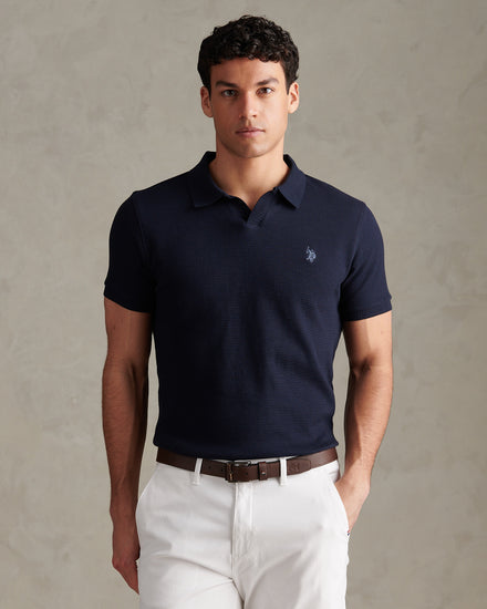 Mens Waffle Open Collar Polo Shirt Dark Sapphire Navy / Moonlight Blue DHM