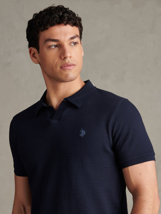 Mens Waffle Open Collar Polo Shirt Dark Sapphire Navy / Moonlight Blue DHM