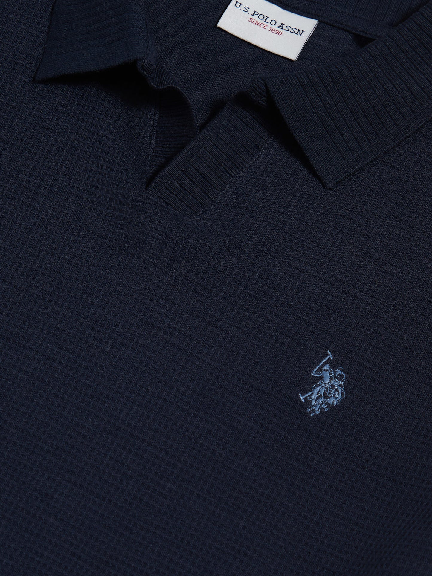 Mens Waffle Open Collar Polo Shirt Dark Sapphire Navy / Moonlight Blue DHM