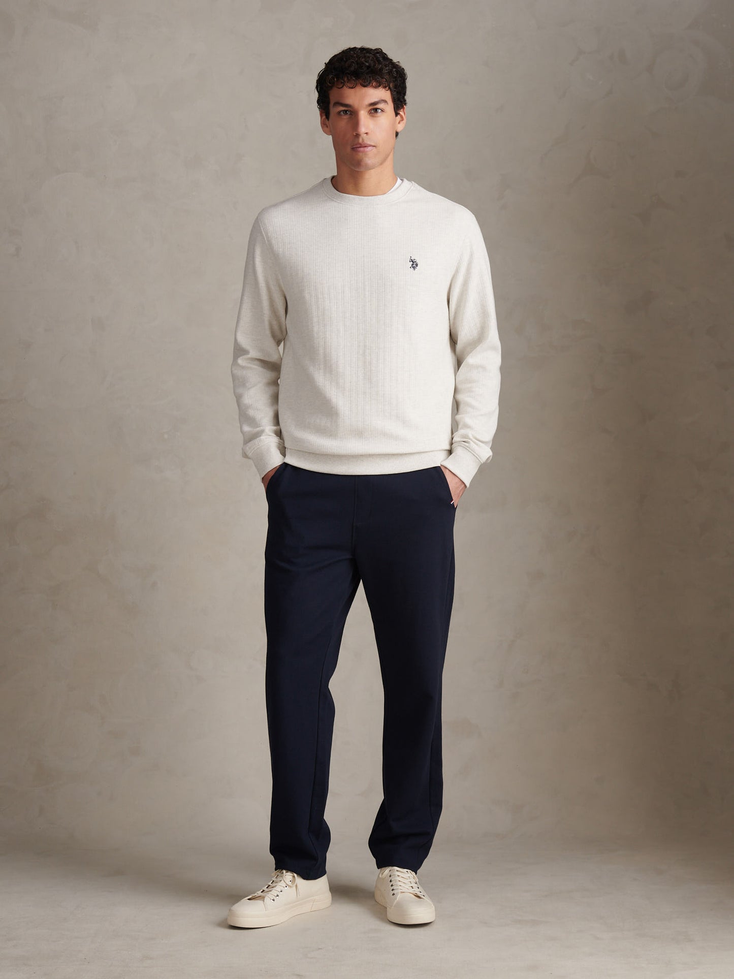 Mens Vertical Texture Double Horsemen Sweatshirt Light Grey Marl