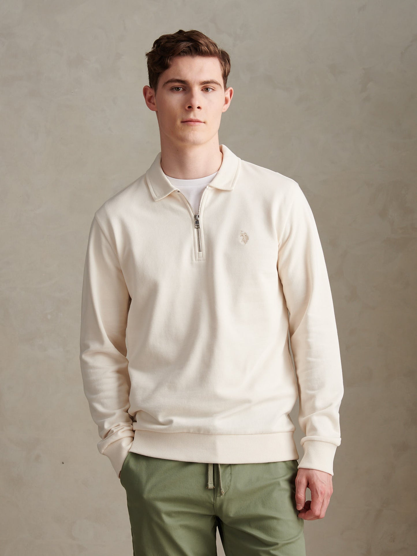 Mens Loopback Zip Polo Sweatshirt Whisper White