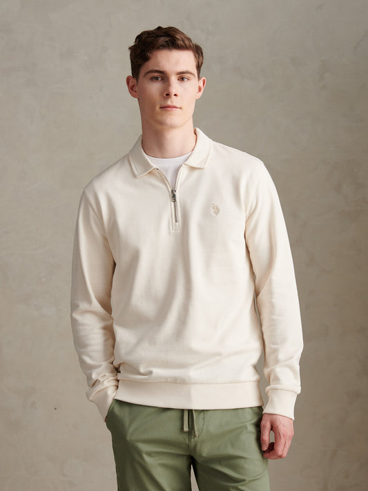 Mens Loopback Zip Polo Sweatshirt Whisper White