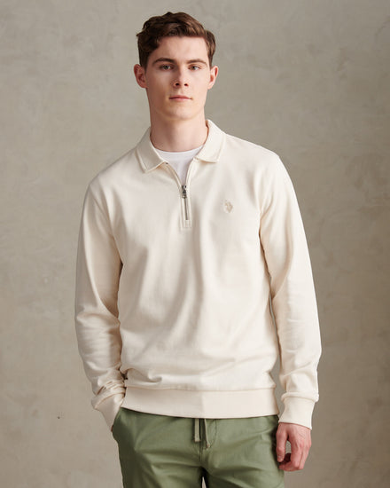 Mens Loopback Zip Polo Sweatshirt Whisper White