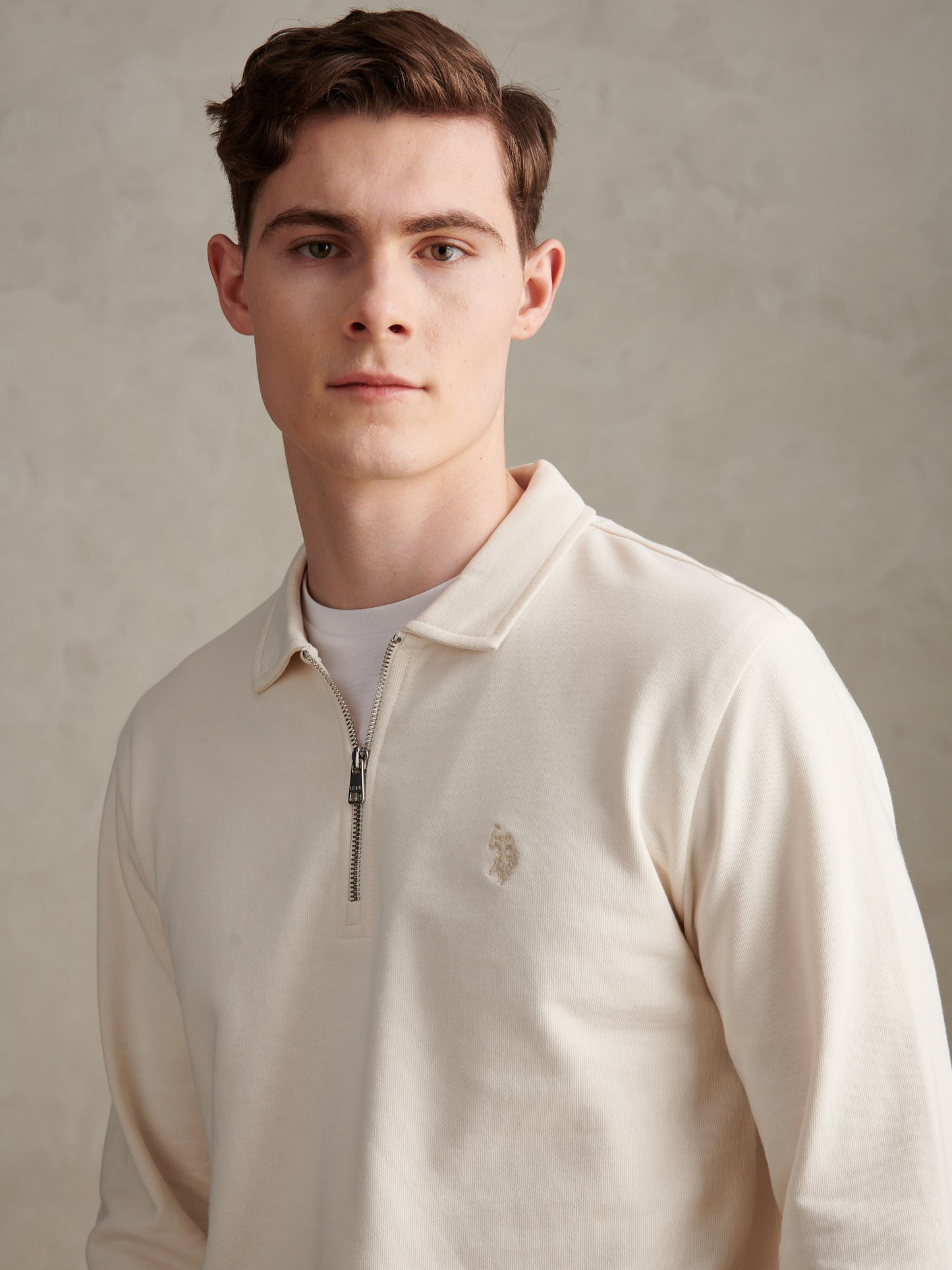 Mens Loopback Zip Polo Sweatshirt Whisper White