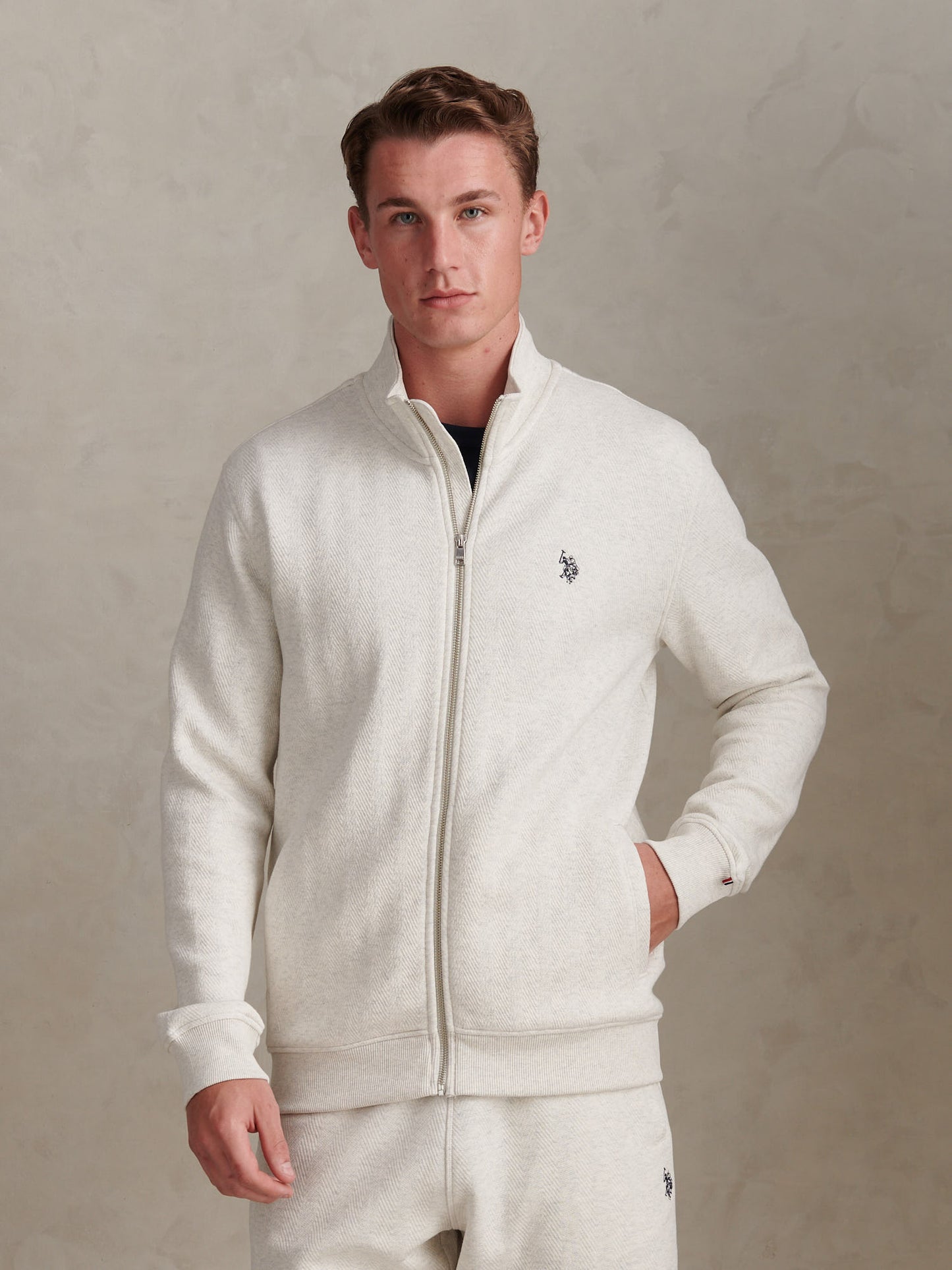 Mens Herringbone Zip Funnel Sweatshirt Light Grey Marl