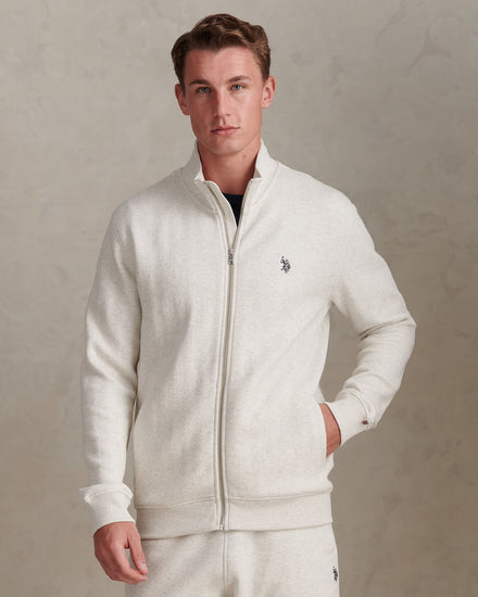 Mens Herringbone Zip Funnel Sweatshirt Light Grey Marl