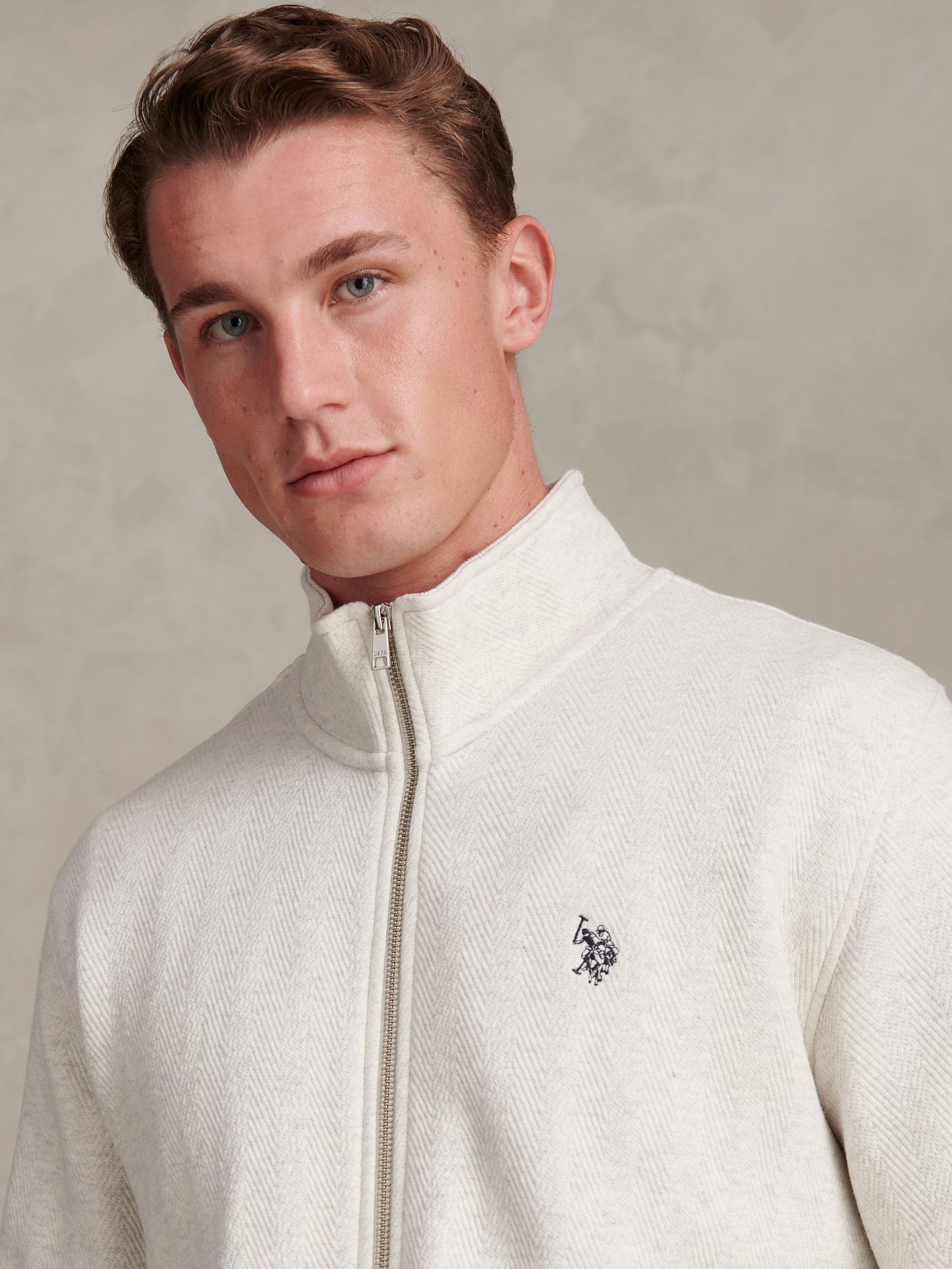 Mens Herringbone Zip Funnel Sweatshirt Light Grey Marl