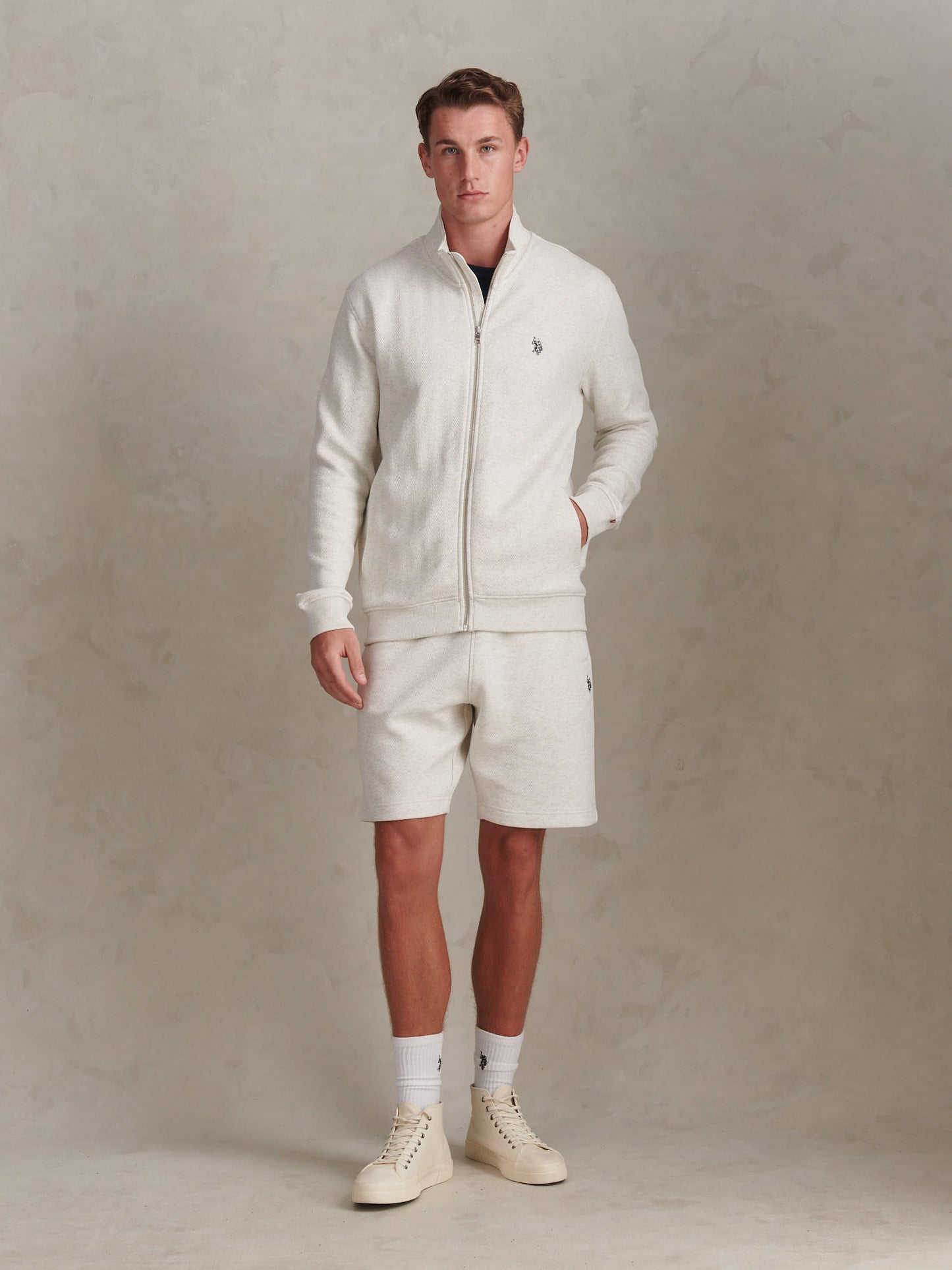 Mens Herringbone Zip Funnel Sweatshirt Light Grey Marl