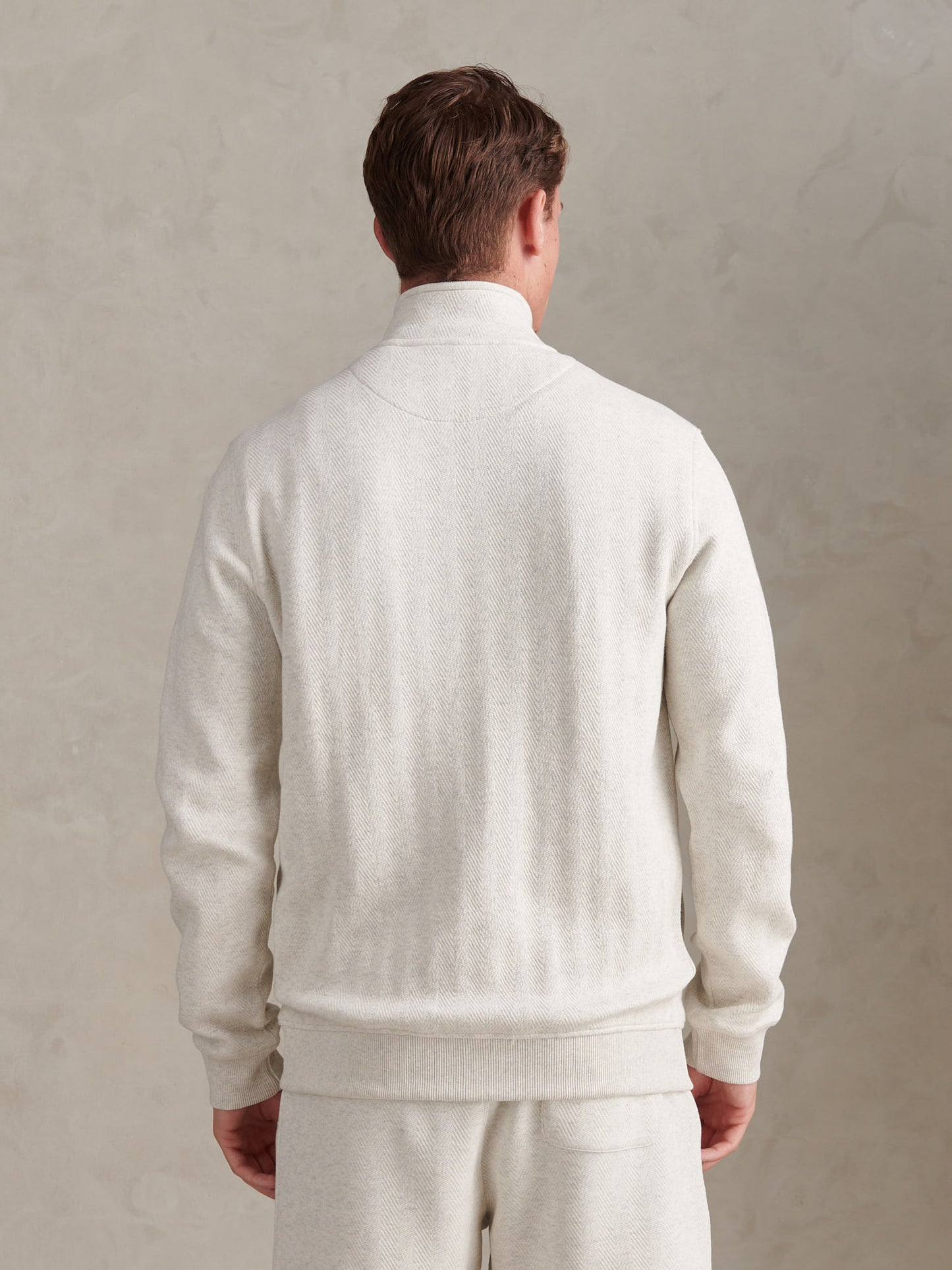 Mens Herringbone Zip Funnel Sweatshirt Light Grey Marl