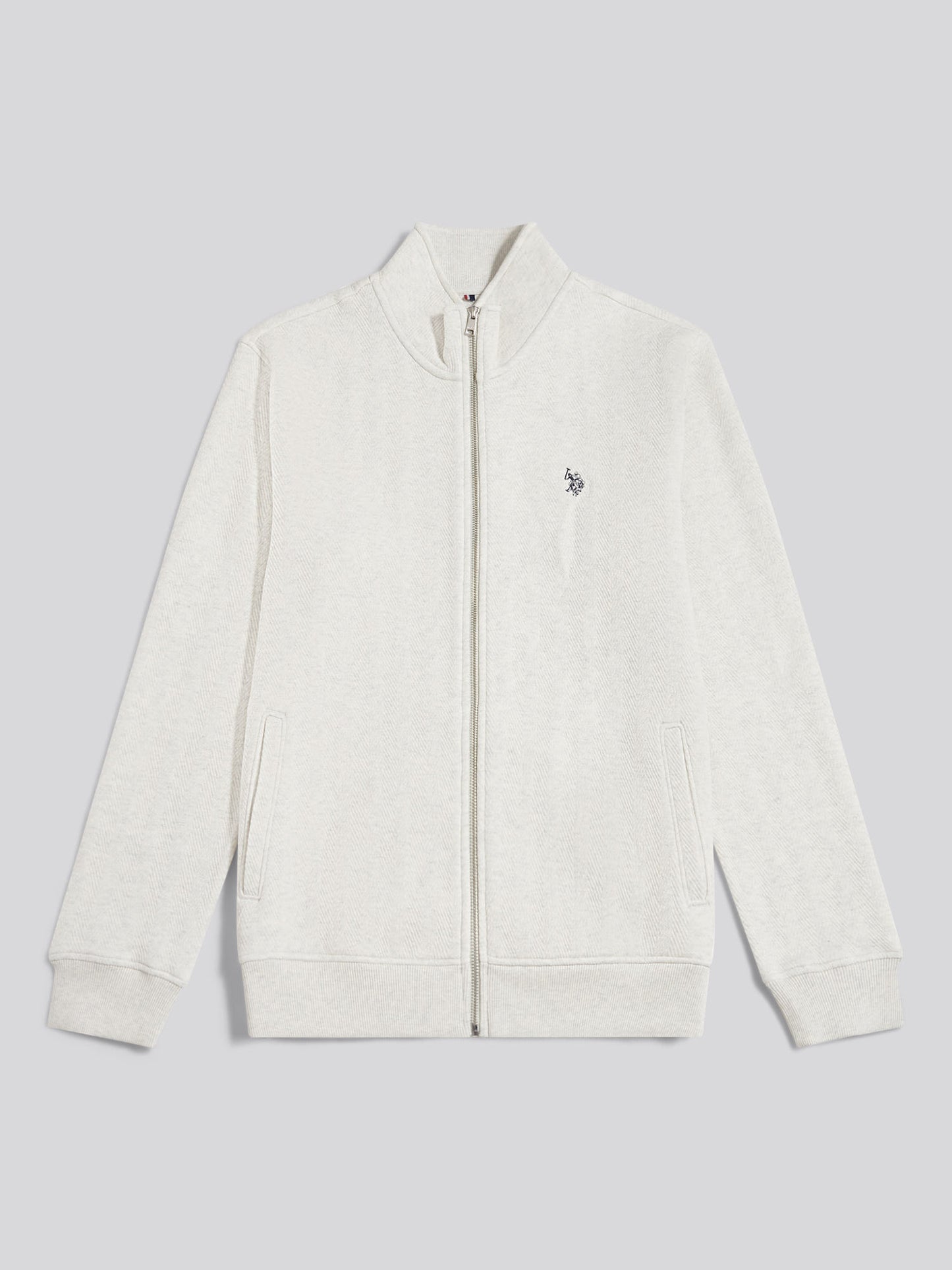 Mens Herringbone Zip Funnel Sweatshirt Light Grey Marl