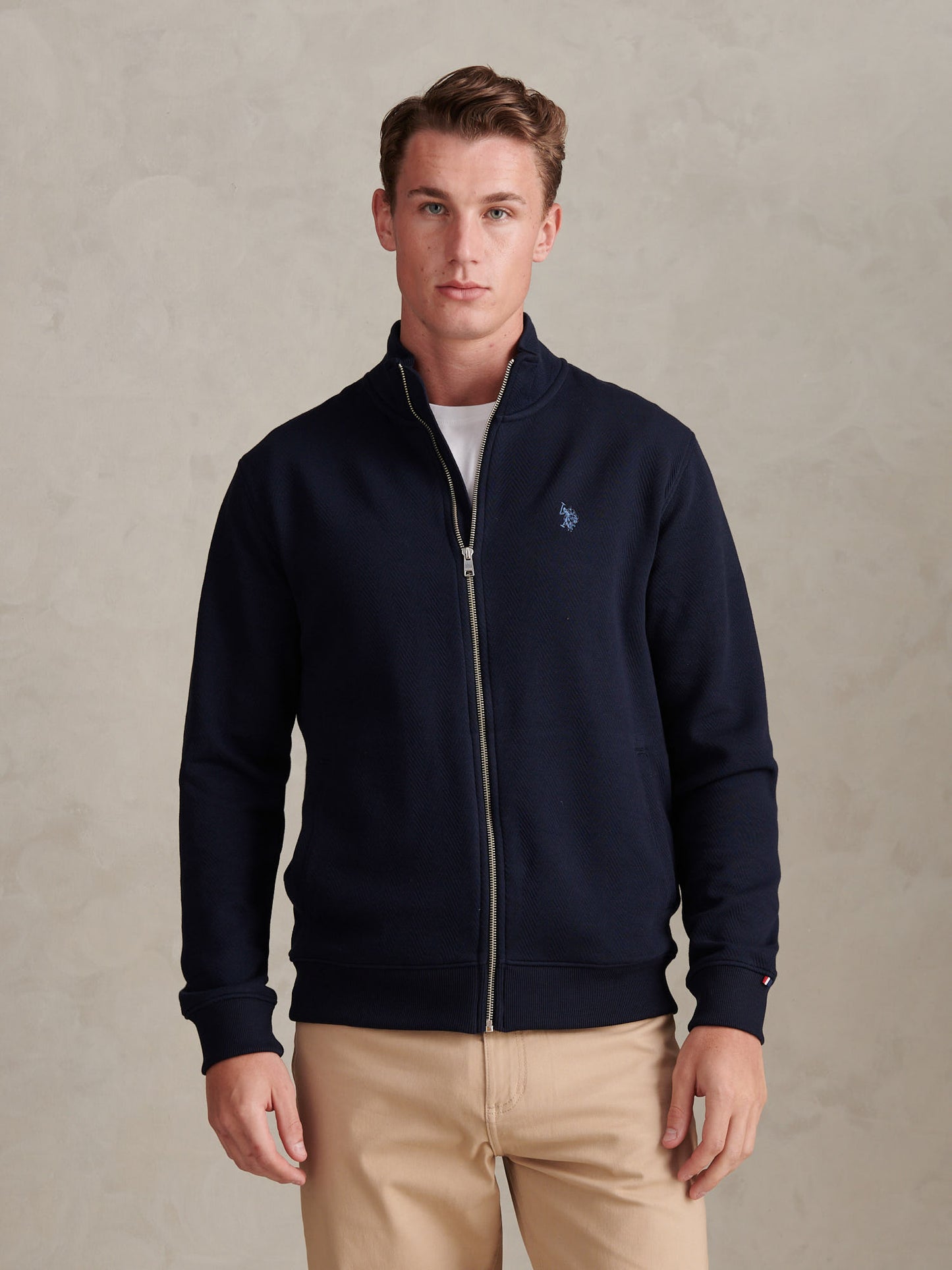 Mens Herringbone Zip Funnel Sweatshirt Dark Sapphire Navy / Moonlight Blue DHM