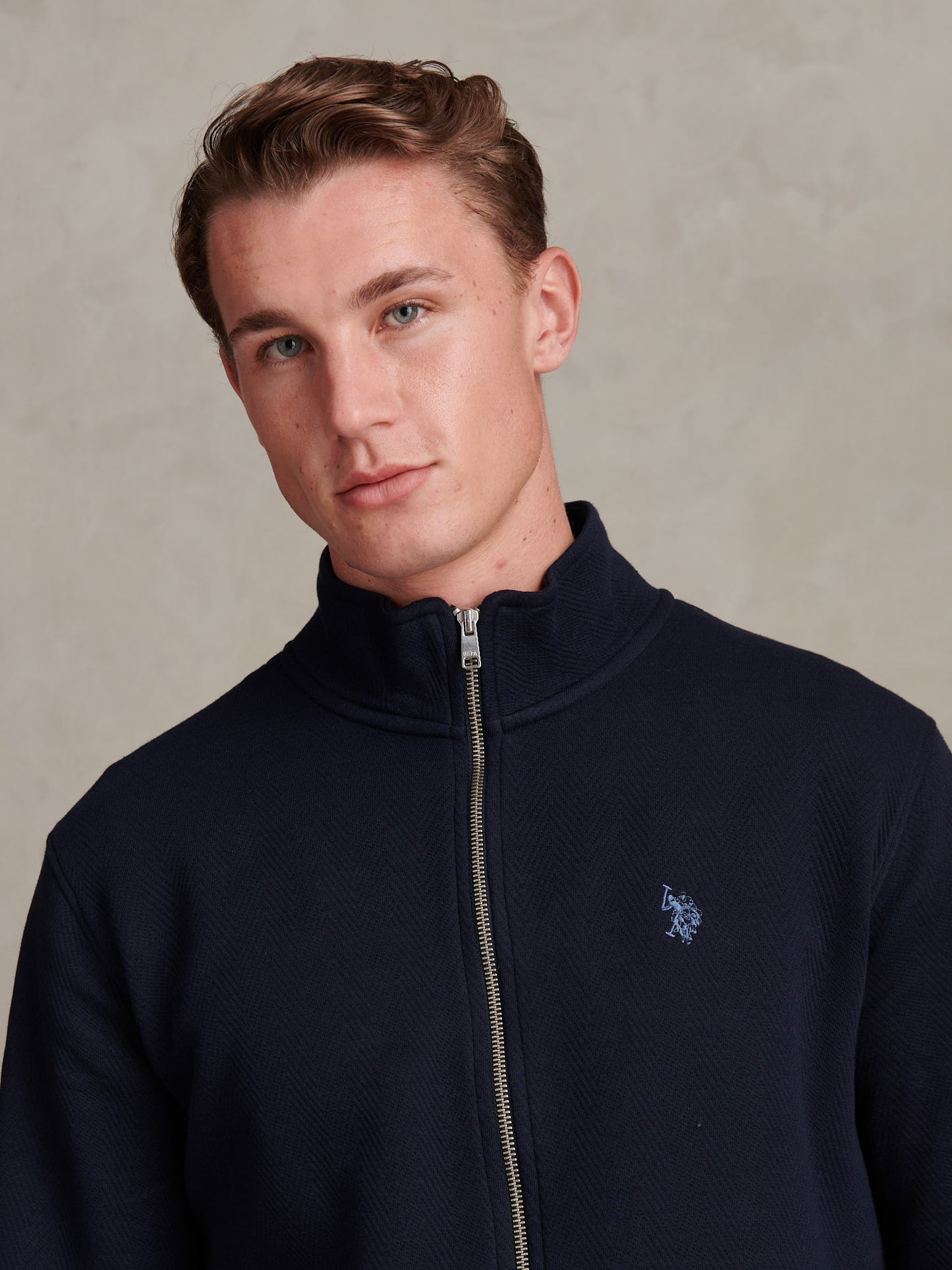 Mens Herringbone Zip Funnel Sweatshirt Dark Sapphire Navy / Moonlight Blue DHM