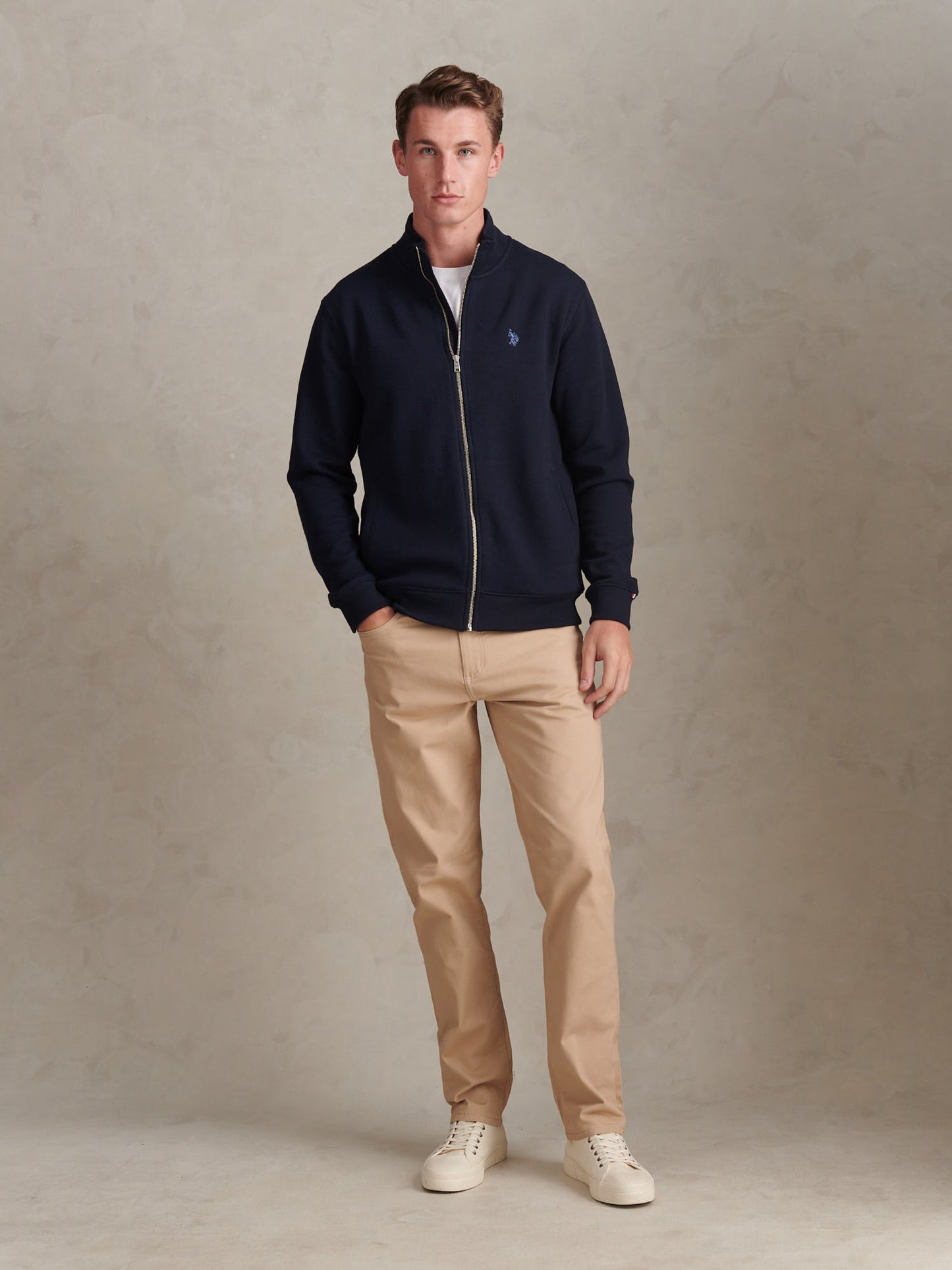 Mens Herringbone Zip Funnel Sweatshirt Dark Sapphire Navy / Moonlight Blue DHM