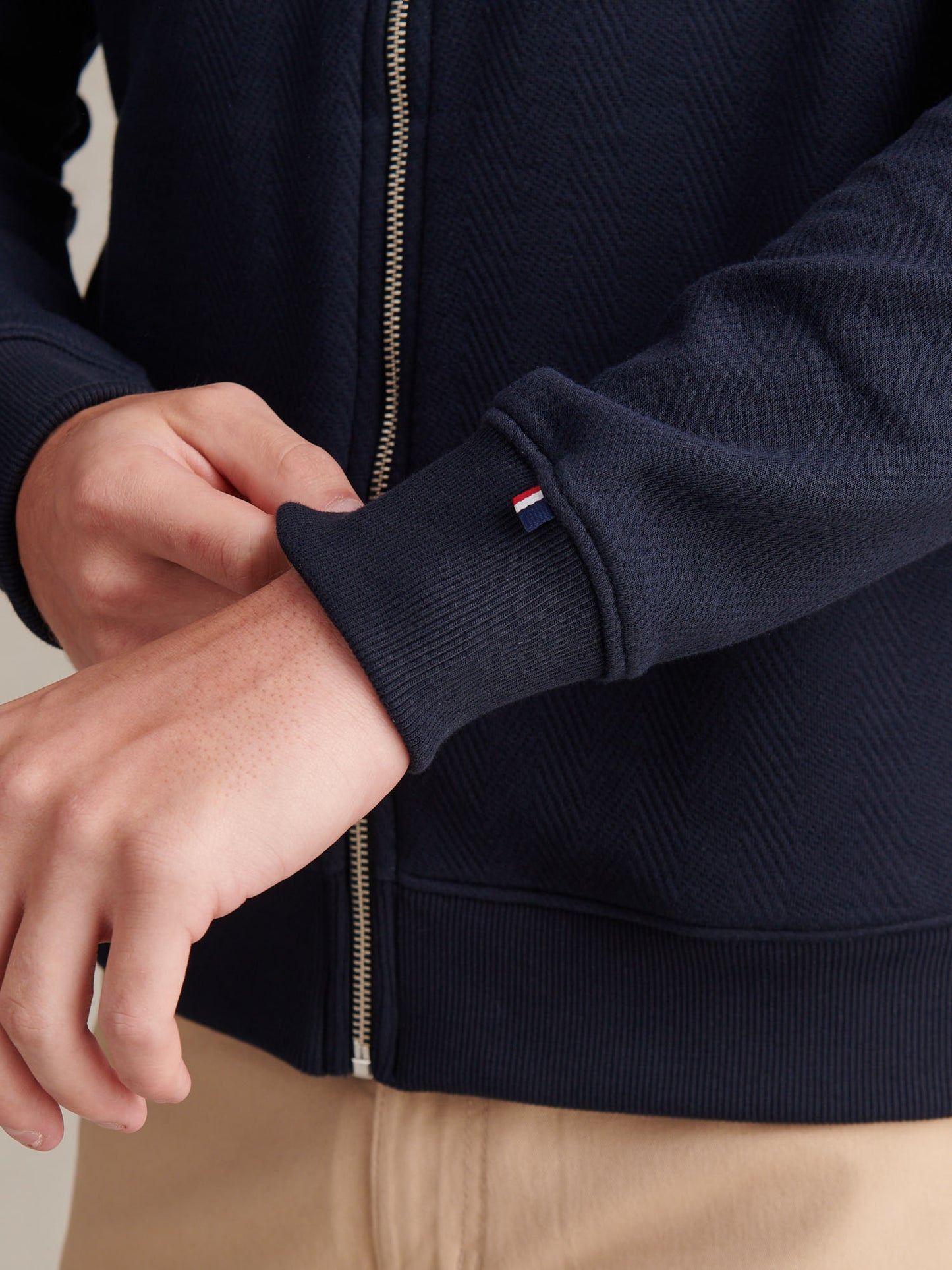 Mens Herringbone Zip Funnel Sweatshirt Dark Sapphire Navy / Moonlight Blue DHM