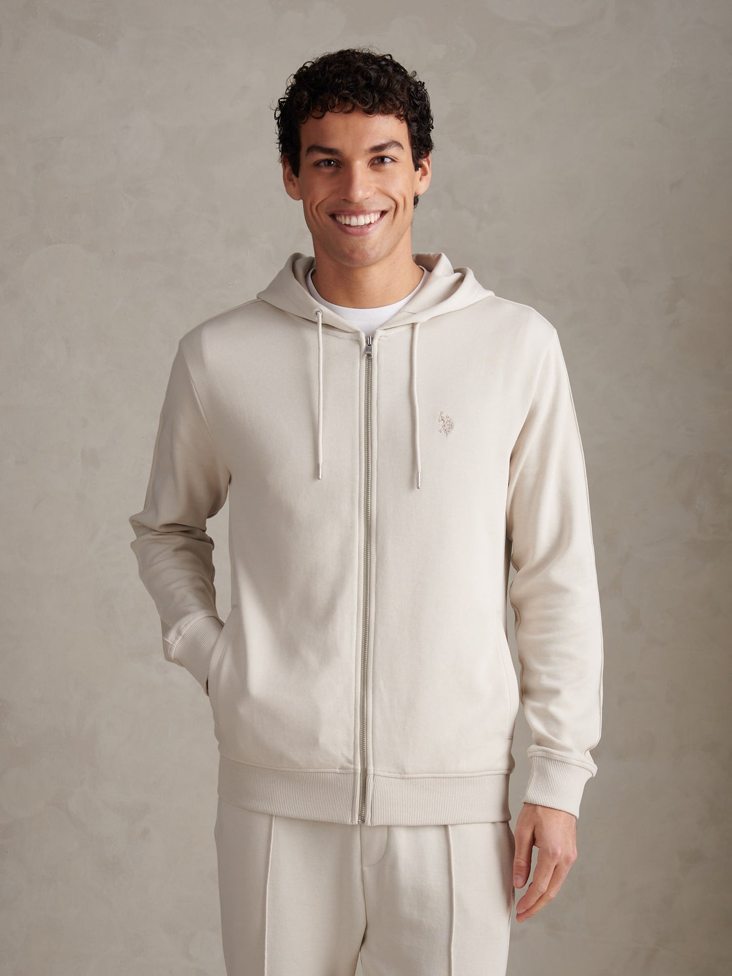 Mens Double Horsemen Interlock Zip Hoodie Beige